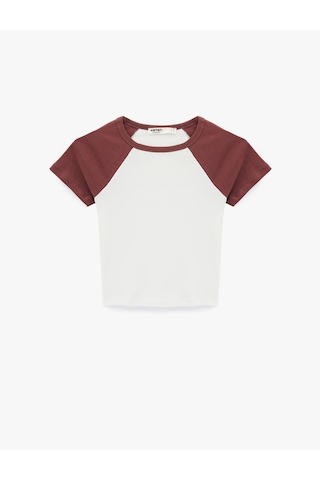 Koton Slim Fit Pamuklu Renk Bloklu Kısa Kollu Bisiklet Yaka Crop Tişört Pijama Üstü Beyaz 6wlk40269mk