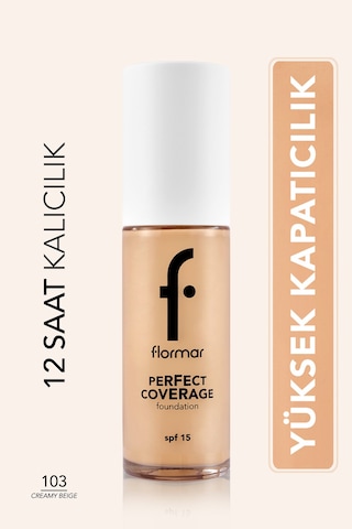 Flormar Perfect Coverage Yoğun Kapatıcı Su Bazlı Fondöten (Sıcak Alt Ton) -103 Creamy Beige -8682536058186