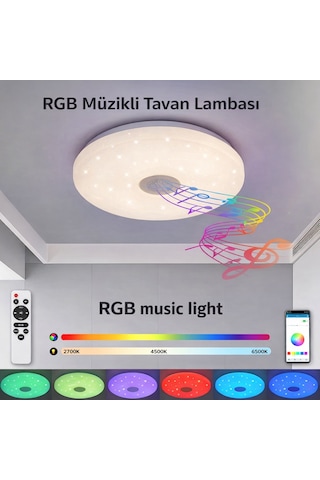 Akıllı Rgb Led Tavan Lambası Bluetooth Hoparlörlü, Müzikli, Uygulama Kontrollü 60w Beyaz