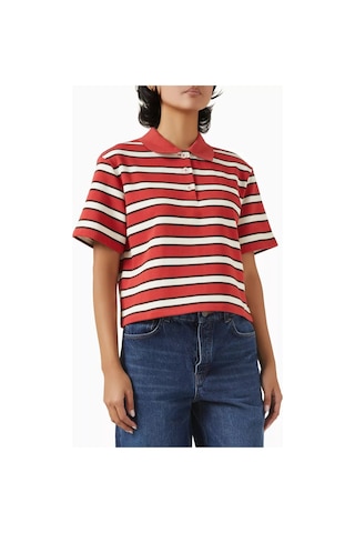 Enandı Çizgili Terry Kumaş Cropped Polo Tişört, Modern Kesim Ve Rahat Yapı Kırmızı