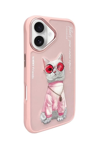 Apple Uyumlu iPhone 16 3d Gerçek Nakışlı Kabartmalı Gözlük Ve Zincir Detaylı Premium Kedi Desenli Kılıf Şeffaf
