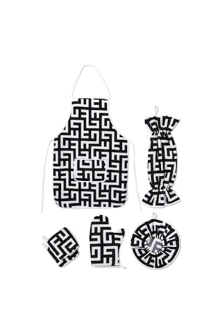 6 Parça Mutfak Seti & Mutfak Önlüğü , Fırın Eldiveni , 2li Tutacak , Organizer Poşetlik , Demlematiksiyah Labirent