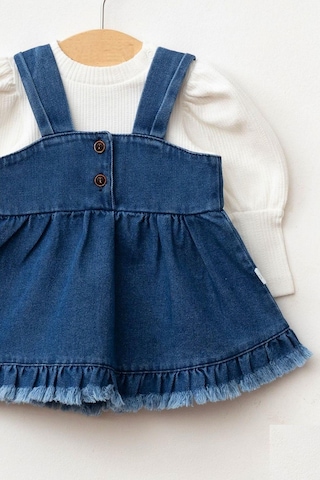 Cantoy Kız Bebek Püsküllü Kot Jile Elbise Balon Bluz Lüks Jean Takım Koyu Mavi