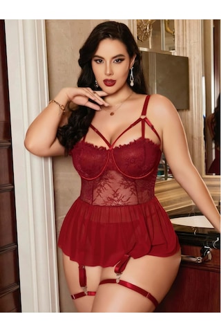 Kadın Bordo Dantelli Transparan Büyük Beden Fantezi Gecelik Takımı 8002 Bordo