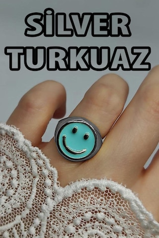 Gümüş Renk Turkuaz Mineli Gülen Surat Yüzük Ayarlanabilir Her Parmağa Olur - 2298 Altın