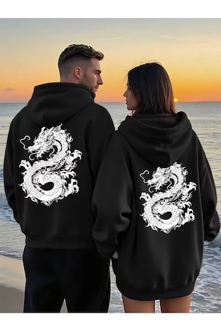 Nevermind Sevgili Çift Kombini Dragon Desenli Hoodie Kapüşonlu Sweatshirt 2 Siyah