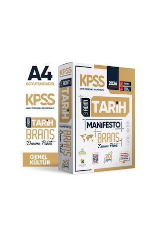2026 KPSS Önlisans-Ortaöğretim 3 Adım Tarih Manifesto 20li Dijital Çözümlü Branş Deneme Paketi