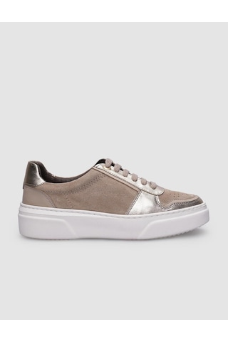 %100 Hakiki Deri Bej Bağcıklı Kadın Sneaker Bej