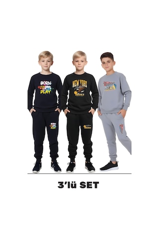 Fyk Kids 3'lü Erkek Çocuk Yuvarlak Yaka Baskı Detaylı Eşofman Takımı Çok Renkli