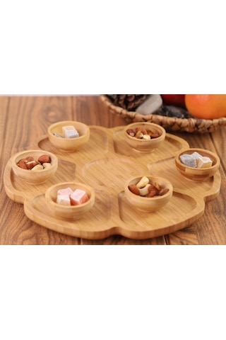Bambum - 7 Parça Mini Sosluklu Dönen Servis Tabağı Bambu