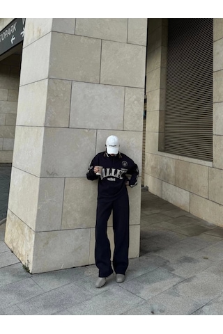 Reka Moda Üç İplik Yakalı Sweat Baggy Pantalonlu Takım - Siyah Siyah