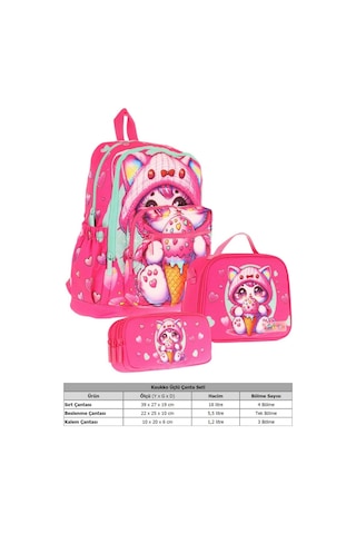 Kaukko Kids Dört Bölmeli Okul Çantası + Beslenme +kalemlik Seti Dondurma Yiyen Kedi - Kız Çocuk - Pembe Pembe