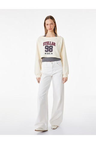 Koton Rahat Kalıp Uzun Kollu Boyundan Bağlama Detaylı Crop Baskılı Sweatshirt Ekru 6sal10378ık