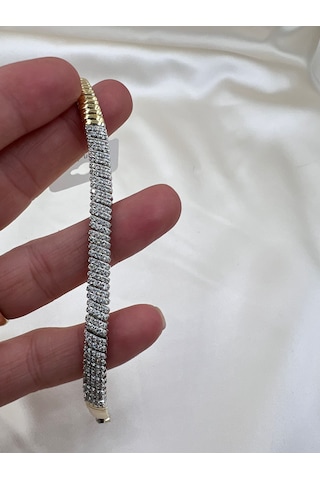 Çelik Balıksırtı Taşlı Bileklik Altın - Gümüş