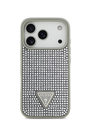 Apple Uyumlu iPhone 17 Pro Kılıf Guess Lisanslı Taşlı Arka Yüzey Üçgen Logolu Kapak Gümüş