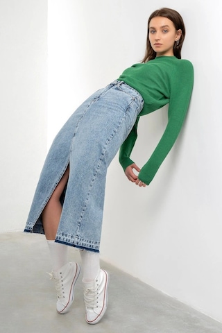 Kaizer Denim Kadın Ortadan Yırtmaçlı Etek Buz Mavi