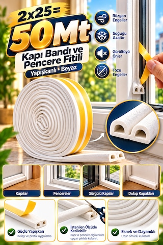 Kapı Bantı Ve Pencere Fitili Bandı Yapışkanlı Beyaz 2 x 25 M
