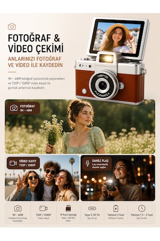 Mini Dijital Kamera Döner Ekranlı Fotoğraf Ve Video Çekim Kamerası Dahili Flaşlı Taşınabilir