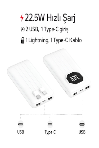 5in1 10.000mah 22,5w Hızlı Şarj Powerbank - 2 Usb, Lightning & Type-c Kablı Taşınabilir Şarj Cihazı Beyaz