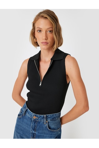 Koton Polo Yaka Kolsuz Triko Üst Yarım Fermuar Detaylı Fitilli Ekru 5wak30020ht Siyah