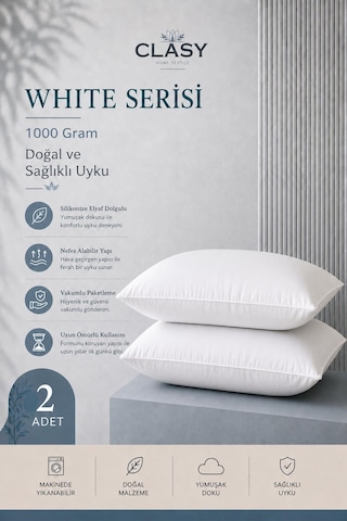 2 Adet Clasy %100 Pamuk Silikon Dolgulu Yastık Yıkanabilir 1000 Gr Beyaz