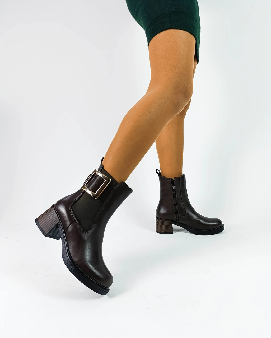 Kahve Cilt Tokalı Lastikli Yandan Fermuarlı Kadın Kalın Topuklu Bot Kahve