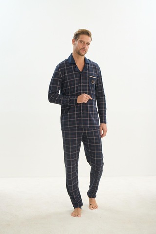 Erkek Uzun Kol Gömlek Yaka Önden Düğmeli Lacivert Pijama Takım C5t3n5o9 001