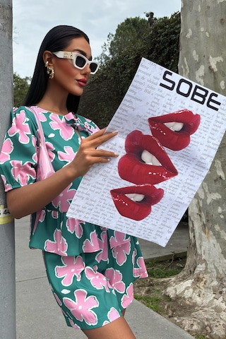 Kadın Multi Çiçek Desenli Poplin Kısa Takım Çok Renkli