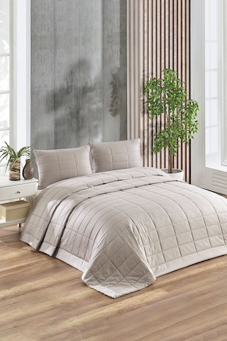 Savio Pamuk Saten Yatak Örtüsü Seti Lacivert Bej