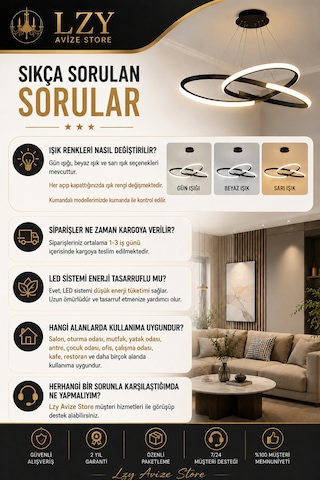 Levent Modern Papatya Siyah Model Kumandalı 3 Renk Beyaz & Sarı & Günışığı 60 Cm Led Avize