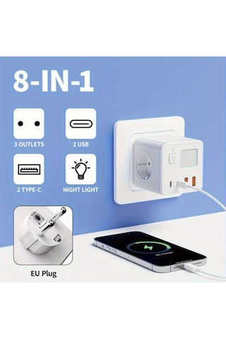 Motion003 8'li 1 Eu Güç Çubuğu 3 Usb 2 Tip-c Gece Işığı 3 Çıkış Beyaz Ev Ofis Seyah