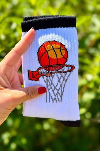 Lousocks Unisex Basketbol Desenli 3'lü Tenis Spor Çorap Beyaz