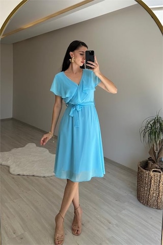 Neşeli Butik Kadın V Yaka Kuşaklı Mini Şifon Elbise Nm007 Bebe Mavisi