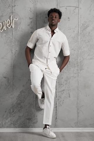 Advante İnce Çizgili Yaka Düğmeli Katlamalı Kol Pamuklu Slimfit Yazlık Keten Gömlek Kahve