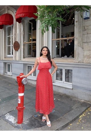 Kechi Woman Şifon Astarlı Puantiyeli Askılı Elbise Kırmızı