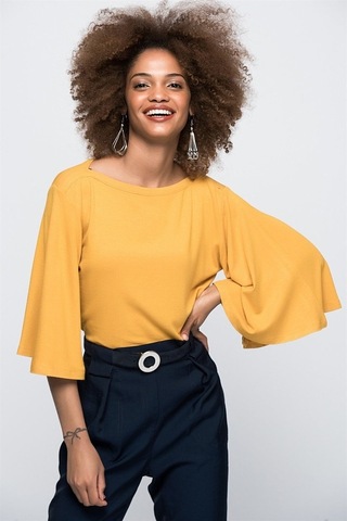 Kadın Kolu Volanlı Kayık Yaka Hardal Bluz-Hardal