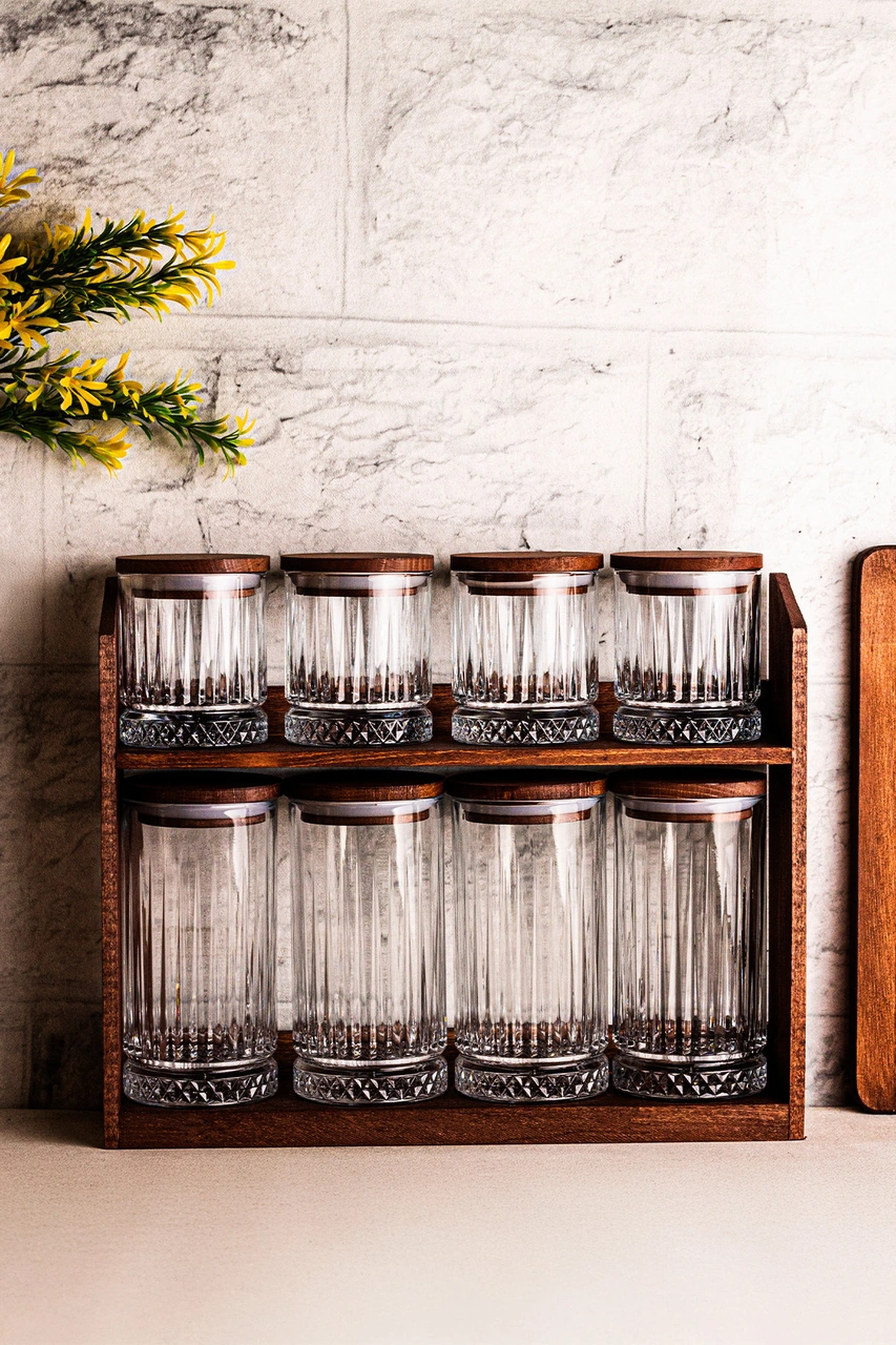 Mira Mix - 8'li Ahşap Standlı Vakumlu Ahşap Kapaklı Cam Baharatlık Takımı Saklama Kabı Seti Ahşap