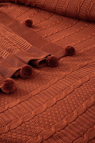 Çift Kişilik Ponponlu Triko Örme Battaniye Kiremit