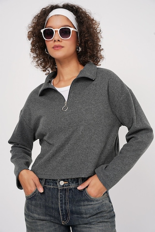 Bigdart 55449 Fermuarlı Yaka Örme Sweatshirt - Antrasit