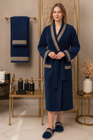 Premium %100 Pamuk Unisex Şalyaka Cepli Bornoz Seti 4 Parça Havlu Terlik Takımı Lacivert Lacivert