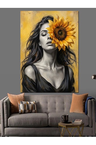 Yüzü Ayçiçeği İle Kapanmış Kadın Dekoratif Kanvas - Mdf Ahşap Tablo