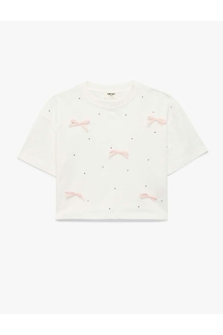 Koton Fiyonk Ve Taş Detaylı Ekru Kız Çocuk T-shirt 6skg10192a Ekru