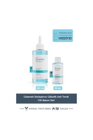 The Purest Solutions Gözenek Sıkılaştırıcı Glikolik Asit Tonik Cilt Bakım Seti: 200 ml Mavi Tonik + 50 ml Tanışma Boy