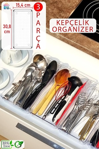 Color House 3 Adet Kepçelik Organizer Şeffaf Çekmece İçi Düzenleyici 30,8 Cm 15,4 Cm X3 Adet Şeffaf 30 X 49 Diğer