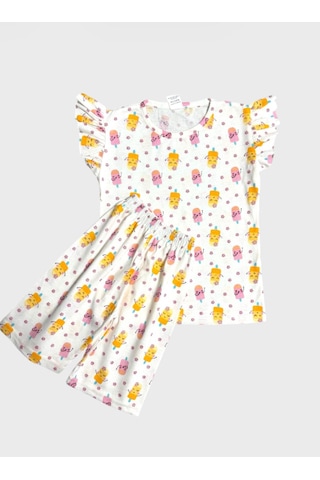 Aliş Kids Kız Çocuk Pamuklu Beyaz Çiçek Desenli Kolları Fırfırlı Kısa Kollu Şortlu Yazlık Pijama Takımı Beyaz Sarı