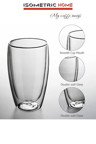 2 Adet Çift Camlı Çift Cidarlı Bardak 500 Ml Şeffaf