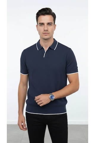 Plus Scorpion Erkek Pike Dokulu Triko Polo Yaka Tişört Slim Fit Şerit Detaylı Yazlık Model Lacivert