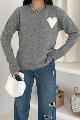 Noa & Noa Kadın Kalpli Kalın Triko Kazak Oversize & Minimal Romantik Stil Gri