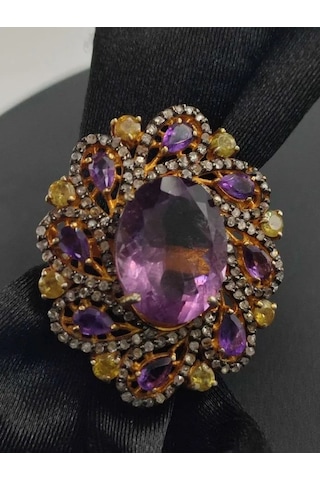 925 Ayar Gümüş Ametist Elmas Yüzük 256 Altın