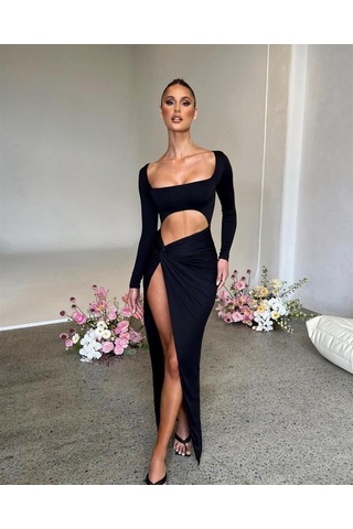 Pink Life Siyah Derin Yırtmaçlı Bel Dekolteli Sandy Kumaş Midi Elbise Siyah